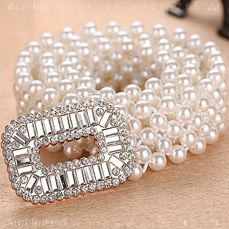 1 Pc Elegant Women Elastic Waist Belt Faux Pearl Decor Sparkling Rhinestone Buckle Vintage Sweet Style Stretch Cincher Belt For Dresses Sweaters Coats Daily Party Outfit