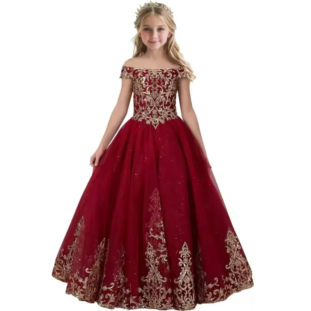 

Flower Girl Dress for Wedding Kids Off Shoulder Appliques Princess Pageant Custom Sparkling Birthday Prom First Communion Gown
