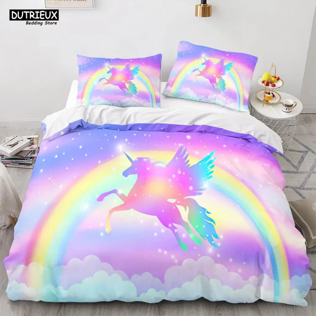 

Single/Twin/Full/Double/Queen Size Soft Cartoon Rainbow Unicorn - Themed Bedding Set with Duvet Cover for Kids & Girls