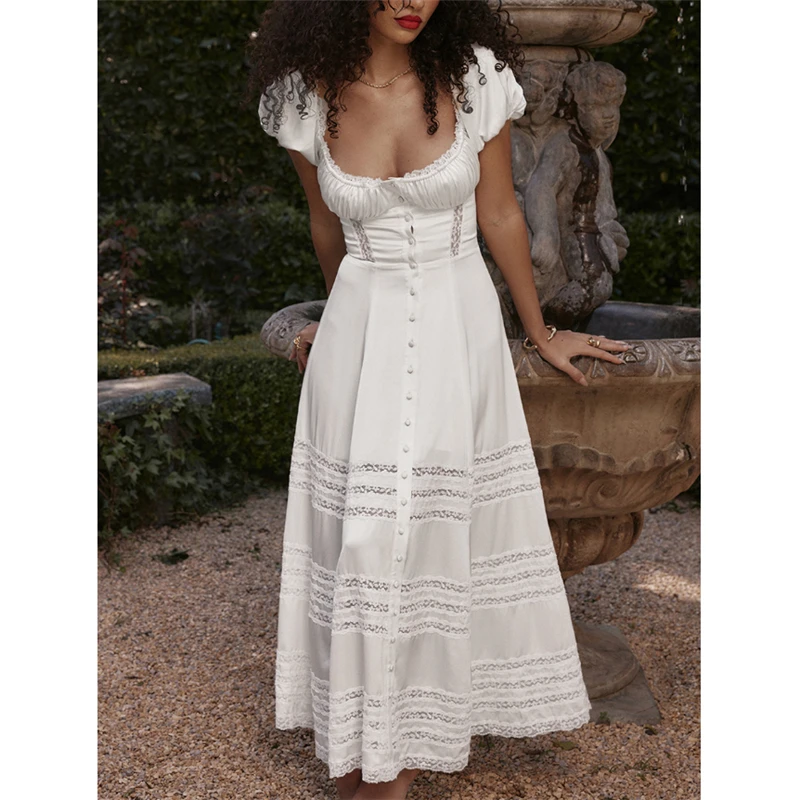 

Women Long Dress 2024 White Elegant Short Sleeve Square Neck See-through Patchwork Swing Dress Summer Casual Dress