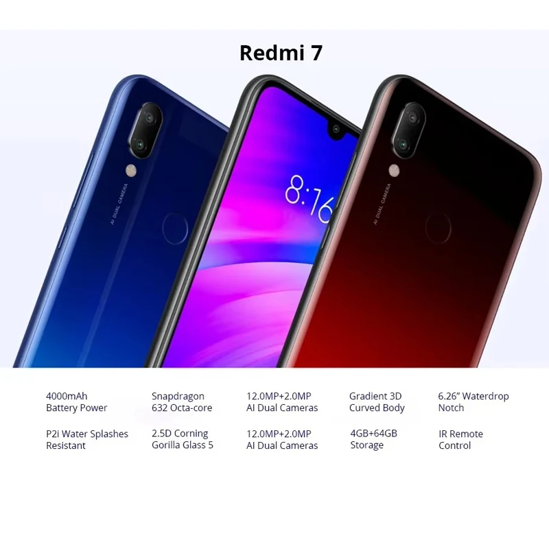 Global rom สมาร์ทโฟน Xiaomi Redmi 7 Netcom 4GB 64GB Googleplay นิ้ว 6.26 Android 4000mAh ลายนิ้วมือ Snapdragon 632 โทรศัพท์มือสอง