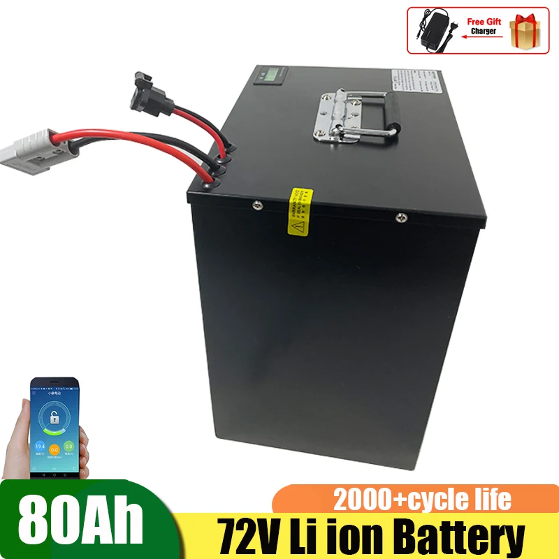 

Waterproof 72v 80Ah Lithium Ion Battery Li-Ion BMS for 6000W 7000W Bakfiet Bike Tricycle Forklift Motocycle EV +10A Charger