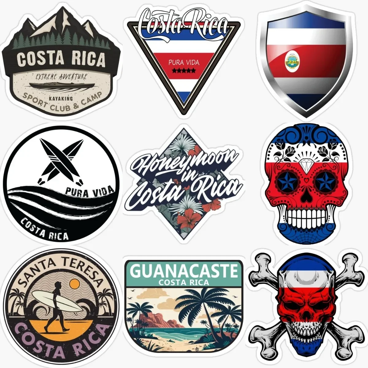 Costa Rica CR Flag Skull Surfing Pura Vida Creative Sticker Table Motorcycle Off-road Wall Helmet Vinyl Self-adhesive Decals