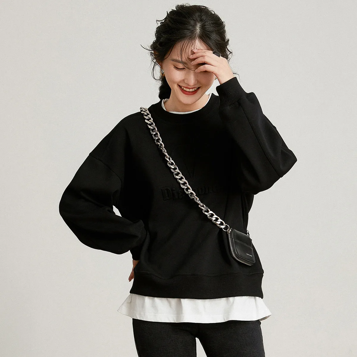 LOUIS YAO 2024 Autumn/winter Three-dimensional Printed Thick Velvet Casual Versatile Fake Two-piece Long Sleeved Sweatshirt