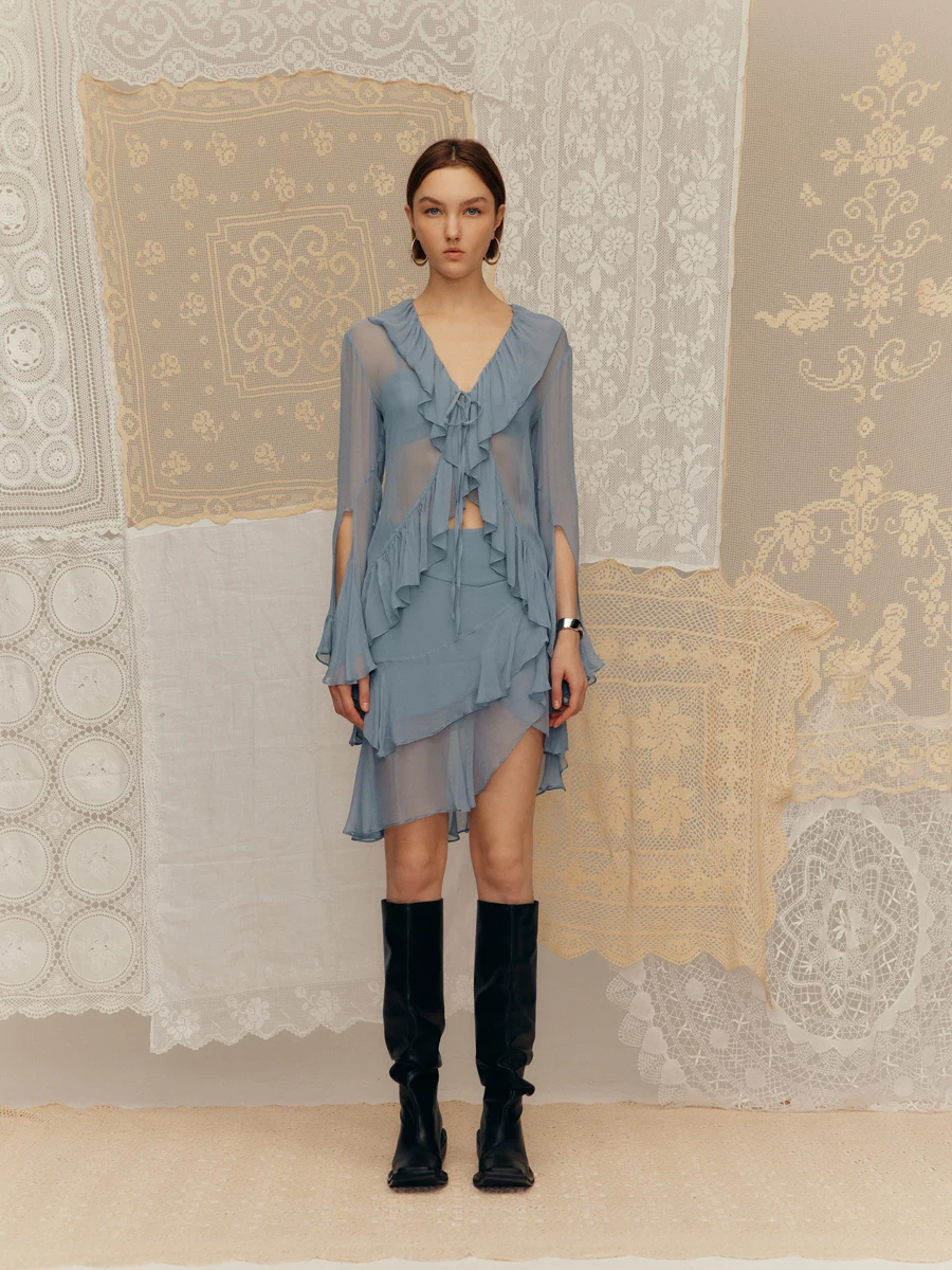 

Blue Long Sleeve Women's Cardigan with Button Design V-neck Mid-length Regenerative Cellulose Fiber Thin Summer New Style