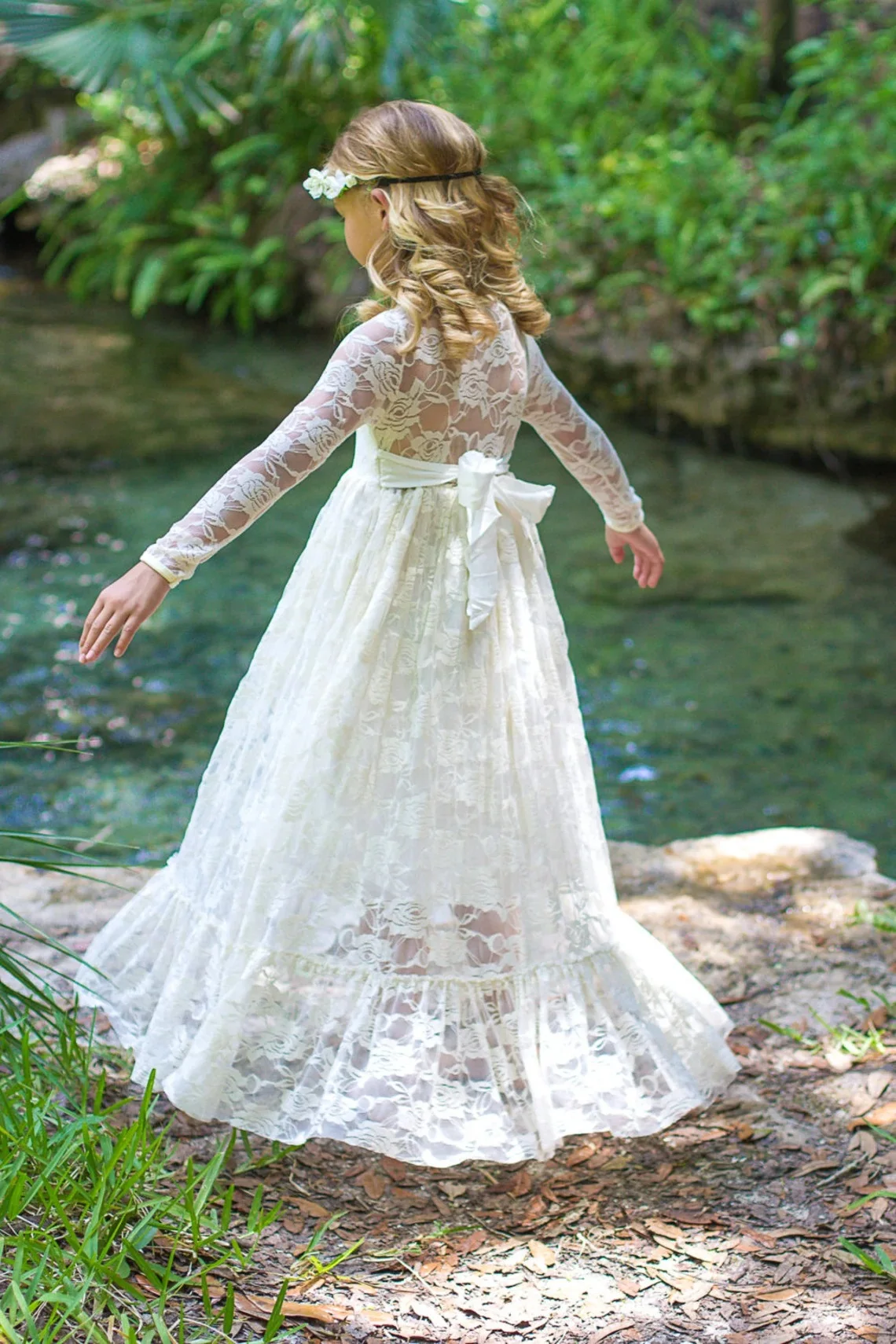 Xunbei-Robe à fleurs en dentelle pour demoiselle d'honneur, vintage, style bohème, à manches longues, pour demoiselles d'honneur juniors, première communion