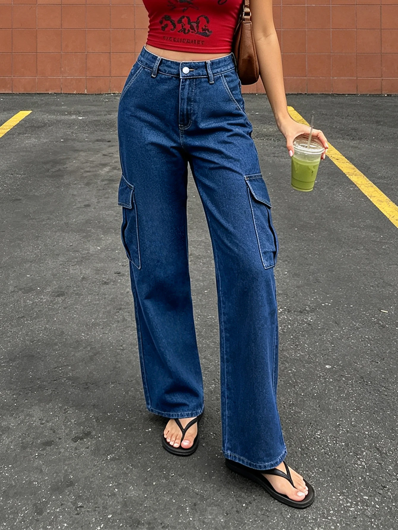 Retro dark blue workwear wide leg jeans for women high waist slim straight floor mopping trousers street casual
