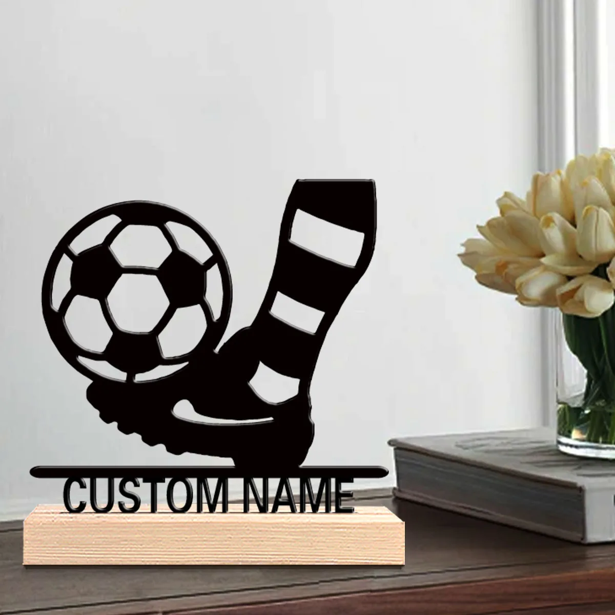1pc Abstract soccer Customizable Name Metal Statue Iron Ornament Crafts With Wood Base With Wood Base Study Desktop Decoration