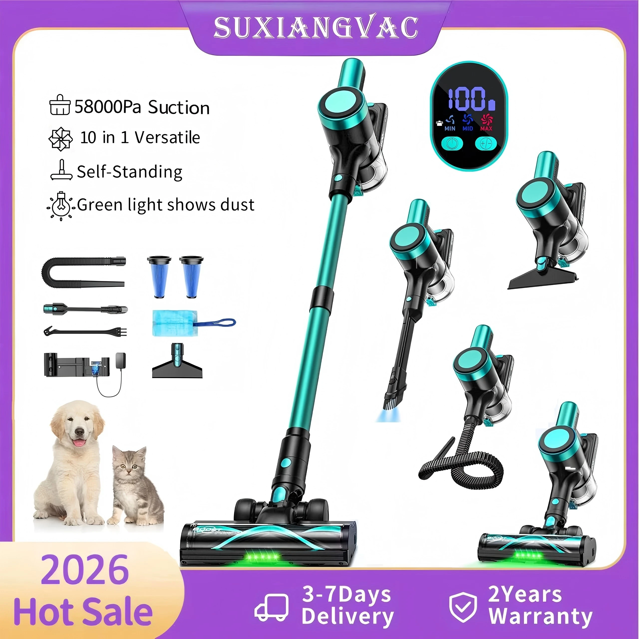 

Cordless Vacuum Cleaner,Self-Standing，58Kpa/55Mins/10-in-1Stick Vacuum with LED Lighting Brush Vacuum for Pet/Hair/Carpet