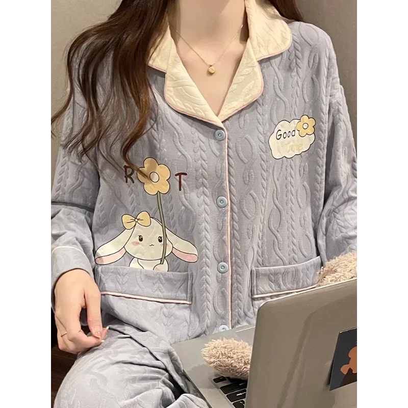 Sanrio yugui cão outono algodão pijamas femininos manga longa conjunto de duas peças pijamas de seda feminino loungewear pijamas calças conjunto