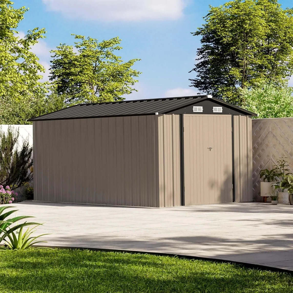 12 x 8 FT Outdoor Storage Shed, Steel Shed Storage House with Design of Lockable Doors, Utility and Tool Storage