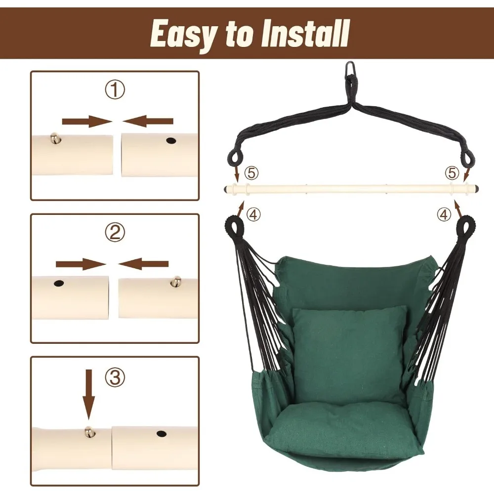 Highwild Hammock Chair Hanging Rope Swing Max 500 Lbs - 2 Cushions Included Steel Spreader Bar with Anti-Slip Rings for An