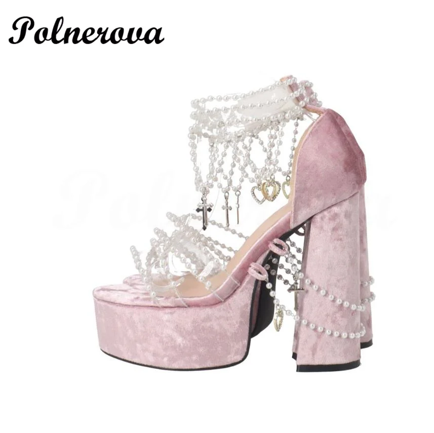 Pink Suede Pearl Sandal Cross Heart Drop Velvet Platform High Heel Chunky Heels Sandal Party Shoes Luxury Brand Runway Shoes