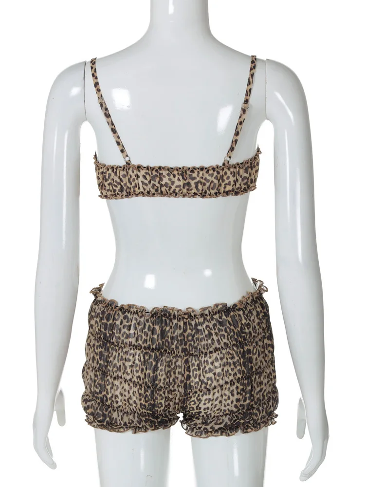 Conjunto estampado leopardo de 2 peças para mulheres, babados, tops sexy, shorts de cintura baixa, férias de verão, roupas de praia