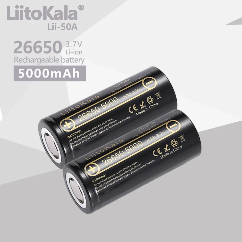 2PCS LiitoKala High Capacity 26650 5000mah Li-ion Rechargeable Battery Lii-50A 3.7v 26650-50A battery for Flashlight 20A