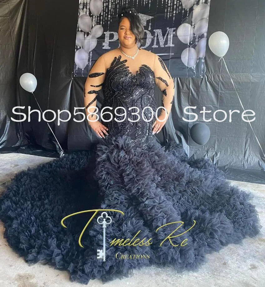 Sparkly Plus Size Mermaid Prom Occasion Dresses for Black Girl Luxury Ruffles Skirt Evening Gown Sheer Mesh Sleeve Customized