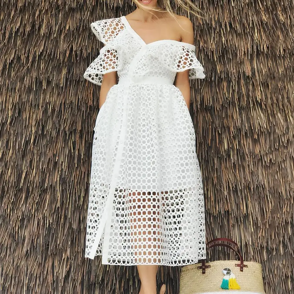 L-5XL Plus Size Dresses for Women 2023 Summer Ruffles Sleeve Hollow Lace White Irregular Sexy Elegant Midi Dress Dropshipping