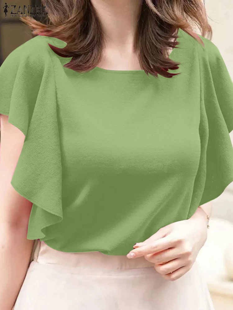 

Stylish Ruffles Women Blouses ZANZEA Summer Office Shirts Elegant Short Sleeve Work OL Tops Casual O Neck Tunic Blusas Oversize