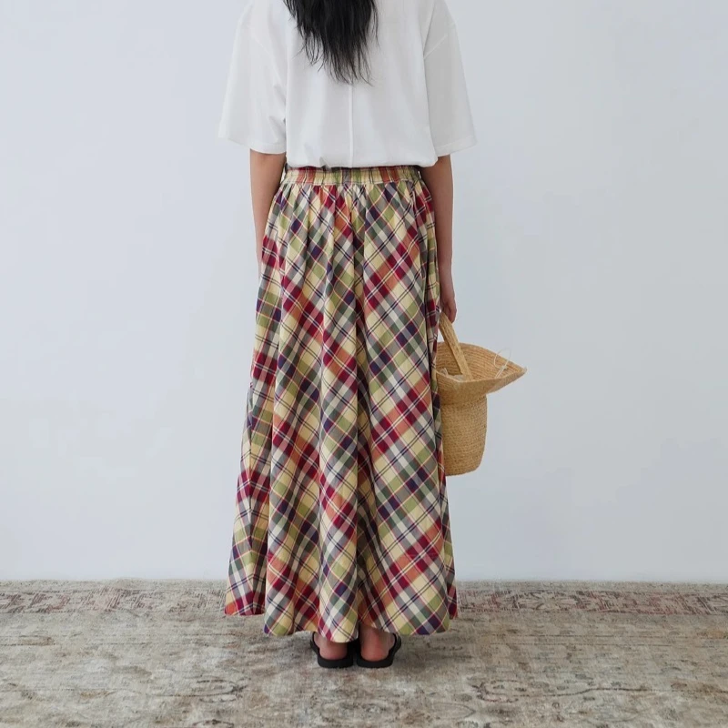 ALIDISC – jupe mi-longue rétro américaine pour femmes, grille en sergé, Silhouette ample, cordon de serrage, sortie décontractée, grande jupe trapèze