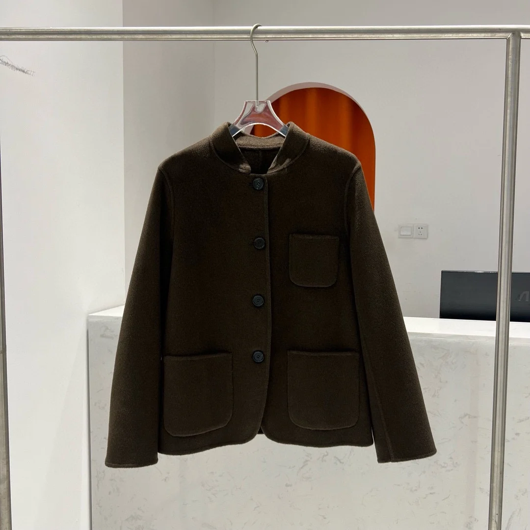 Chaqueta de Cachemira de lana para mujer, abrigo corto de estilo chino, cuello alto pequeño, botonadura única, otoño e invierno, 2024