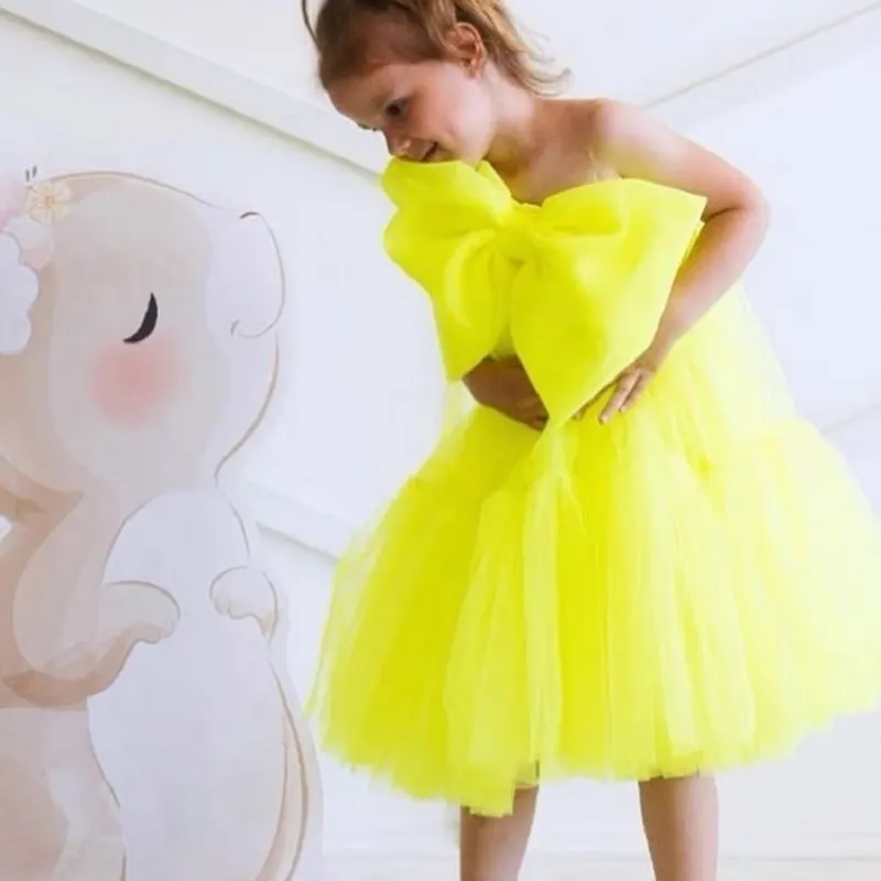 Fashion Baby Girl Princess Big Bow Tutu Dress Off Shoulder Toddler Teen Child Tulle Vestido Bow Party Pageant Birthday 2-12Y