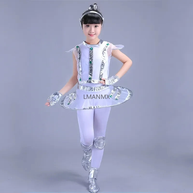 Costume de robot pour enfants, blanc, argent, astronome, performance spatiale, spectacle de danse sur scène, vêtements de temps, unisexe, garçon ou fille