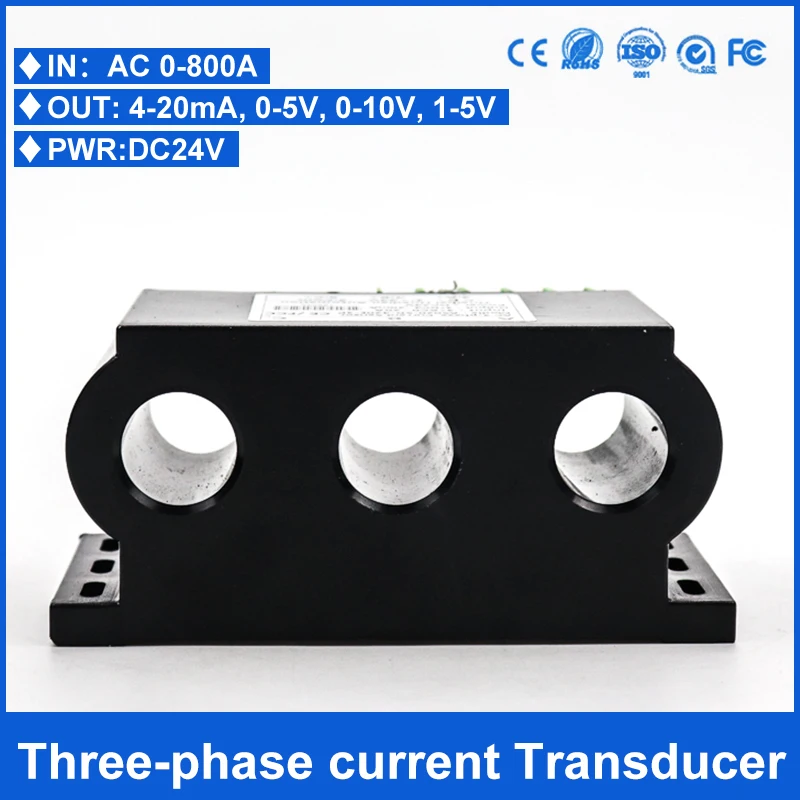 3 phase Current Transmitter 4-20mA 0-5V 0-10V out Perforated 3 phase ampere signal transducer