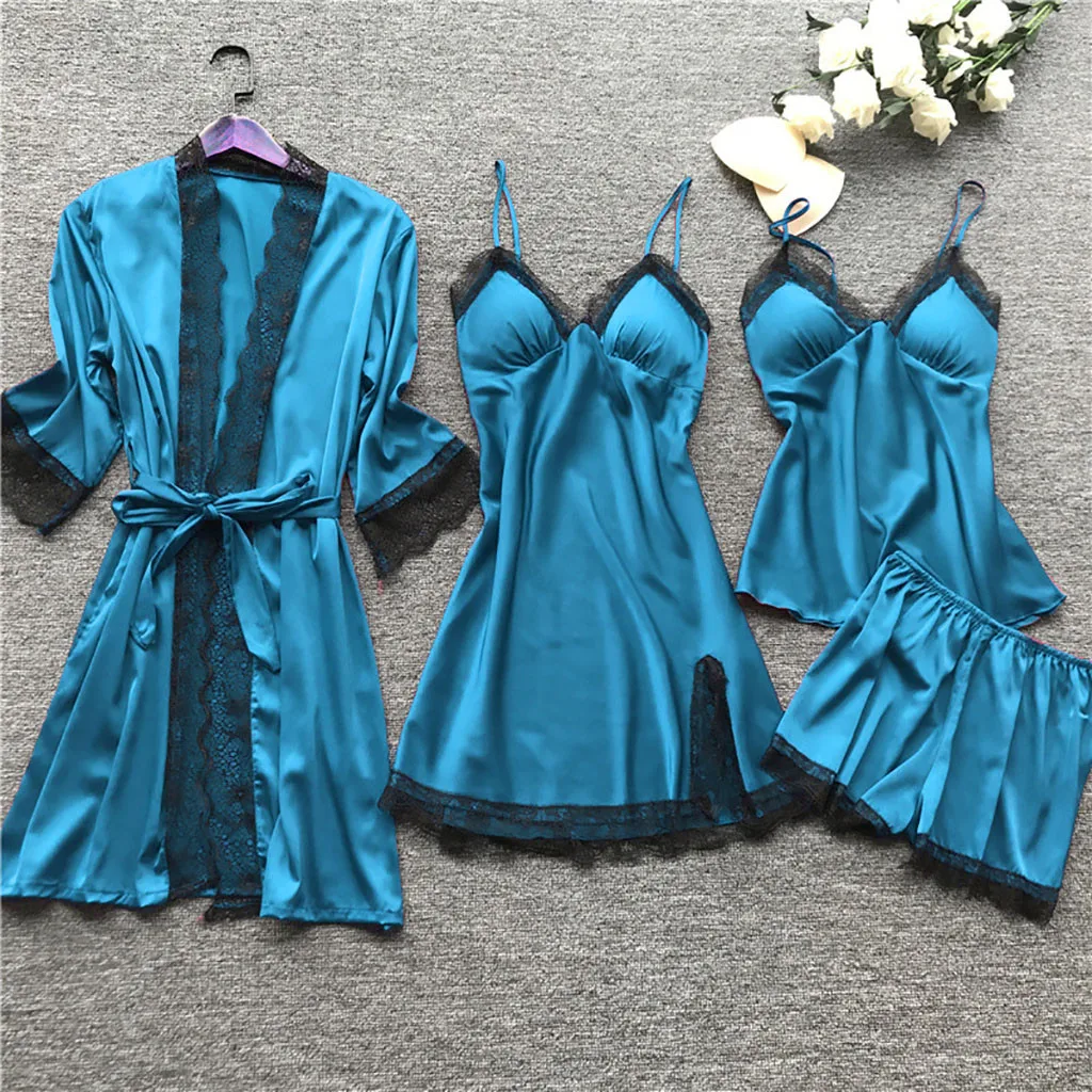 Silk Robe Sleep Suit Womens Lace Satin Pajamas Gown Set V-Neck Cami Nighties Wear Pijama Home Nightwear Spring Nightdress