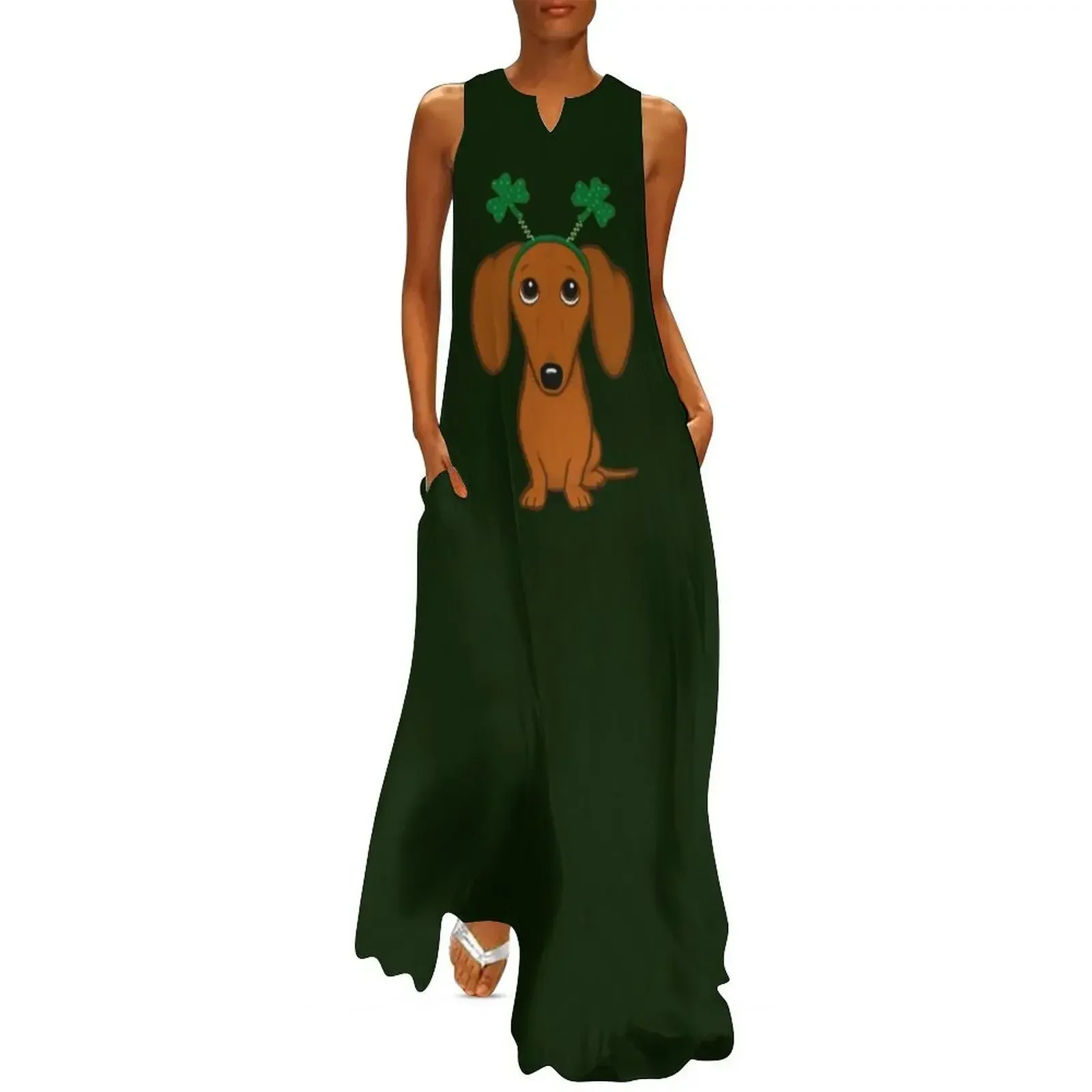 

Saint Patricks's Day Dog Funny Shamrock Dachshund Cute Wiener Dog Long Dress Women's evening dress Dress