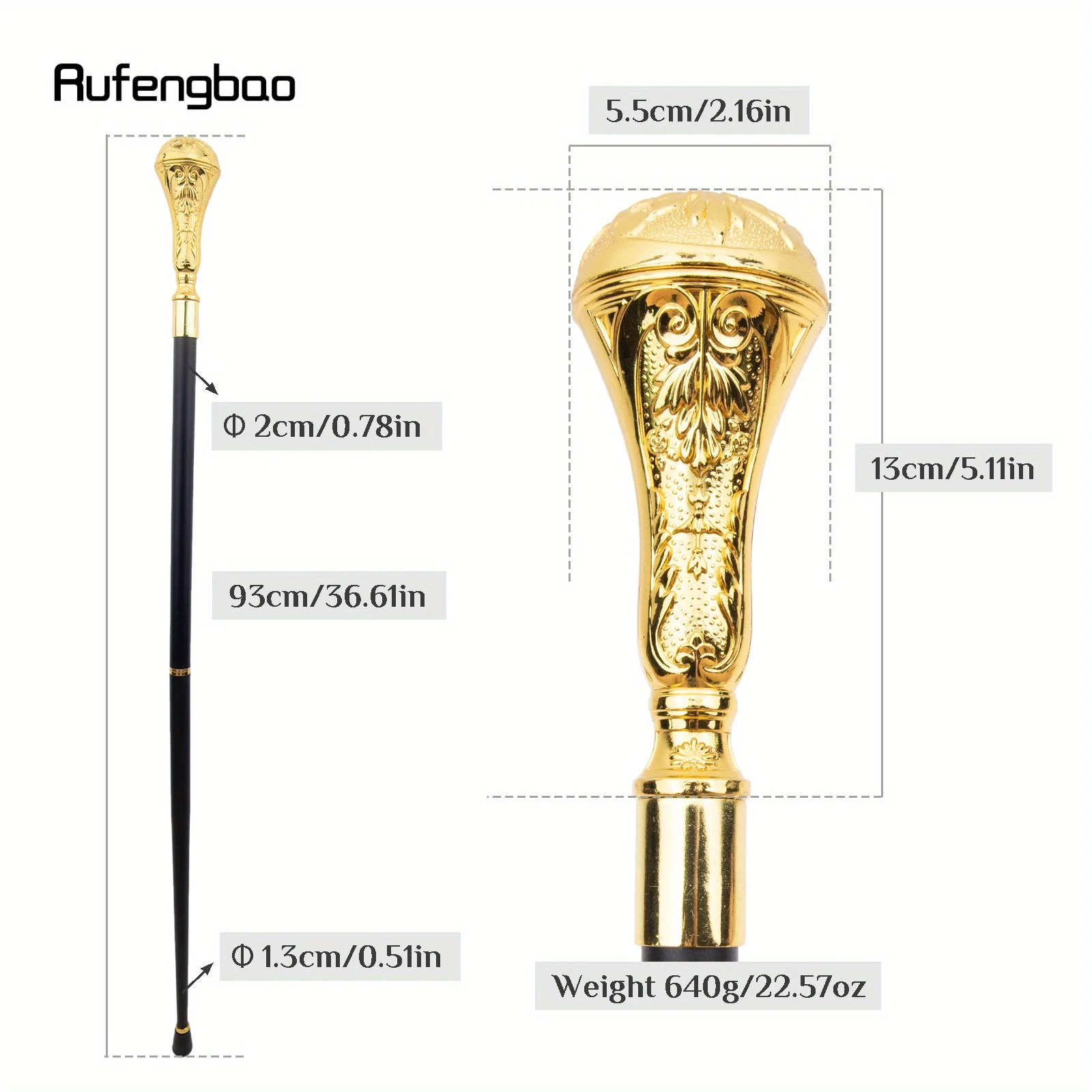 Golden Luxury Flower Round Handle Fashion Cosplay Stick Party Walking Cane Knob Walking Stick Performance Stage Cane 93cm