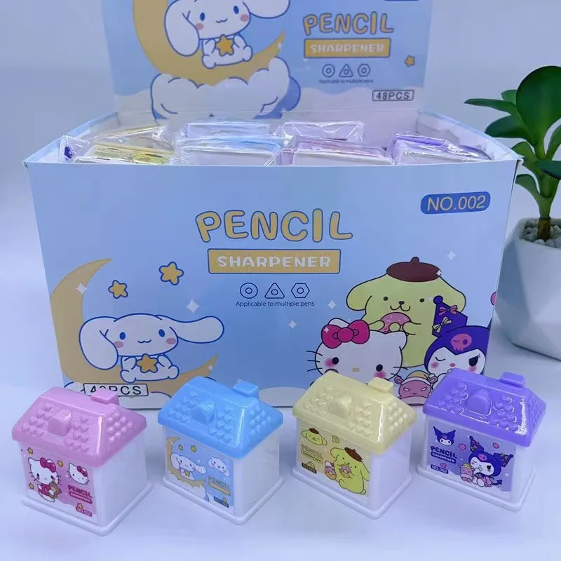 4pcs Kawaii Cartoon Kuromi Pencil Sharpener Mini House Model Hello Kitty My Melody Pencil Sharpener Student Stationery Supplies