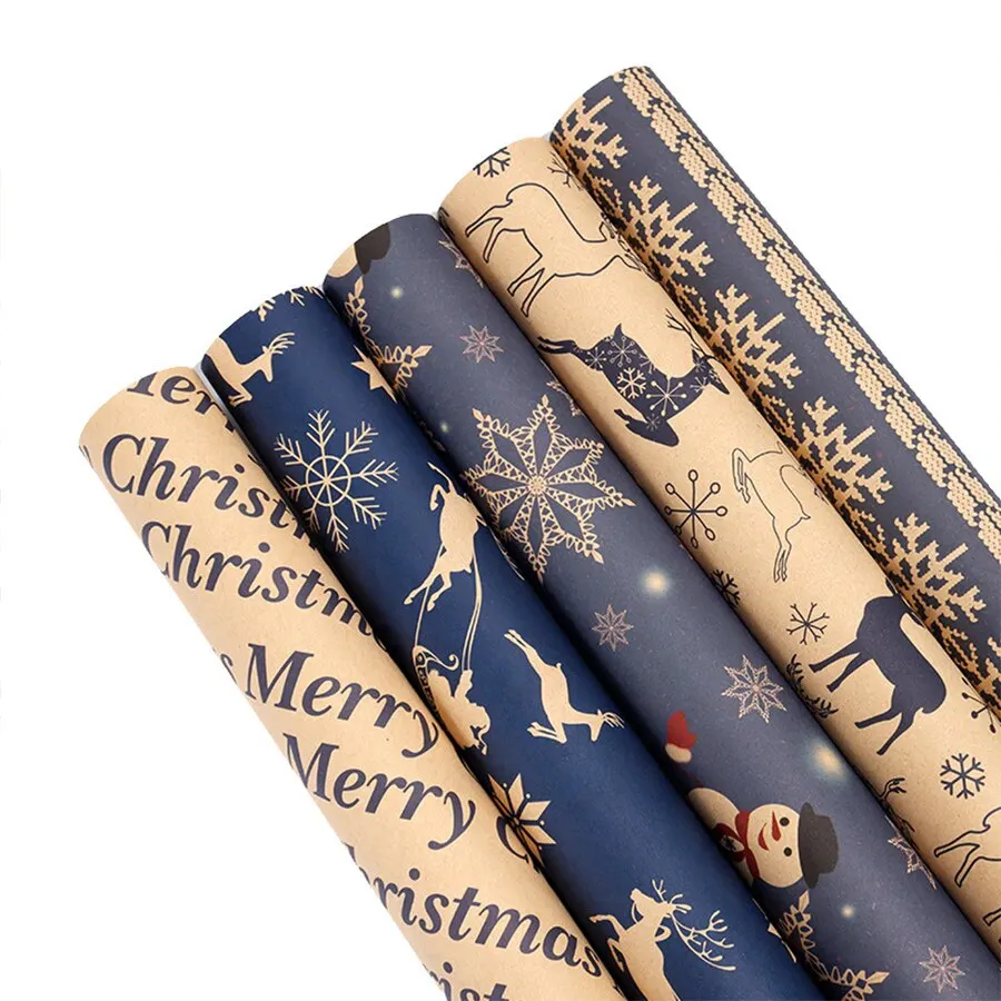 5pcs50*76cm Christmas Gift Wrapping Paper Elk Snowman Decorative Kraft Paper Origami Wrapping Paper Mixed Random