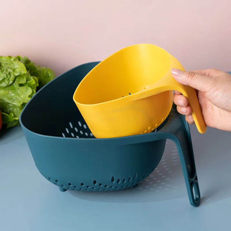 Hand‑held Double‑layer Colander Fruit Bowl, Creative Hollow‑out Plastic Basin for Kitchen Vegetable Washing Household Use