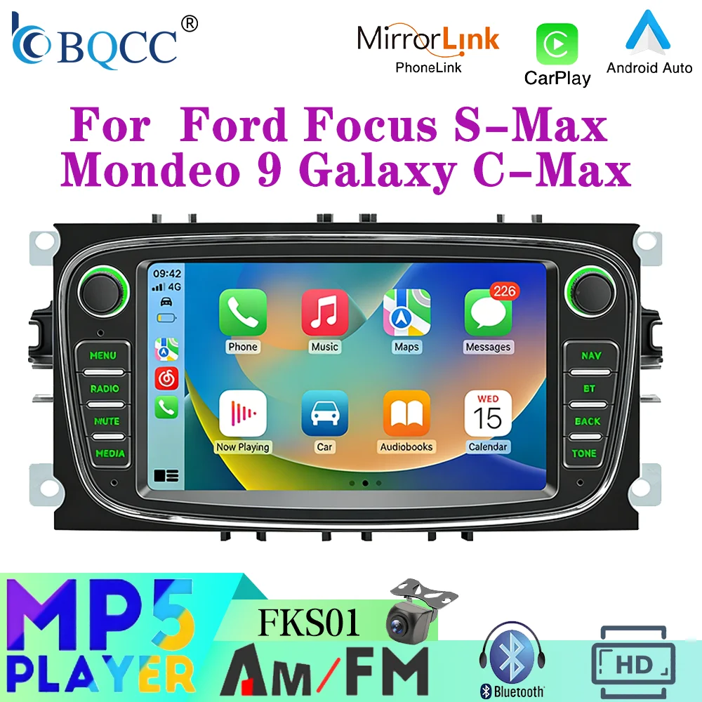 BQCC 7'' Autoradio für Ford Focus Mondeo S-Max C-Max Galaxy Kuga 2008-2011 CarPlay Android Auto Multimedia-Player Bildschirm