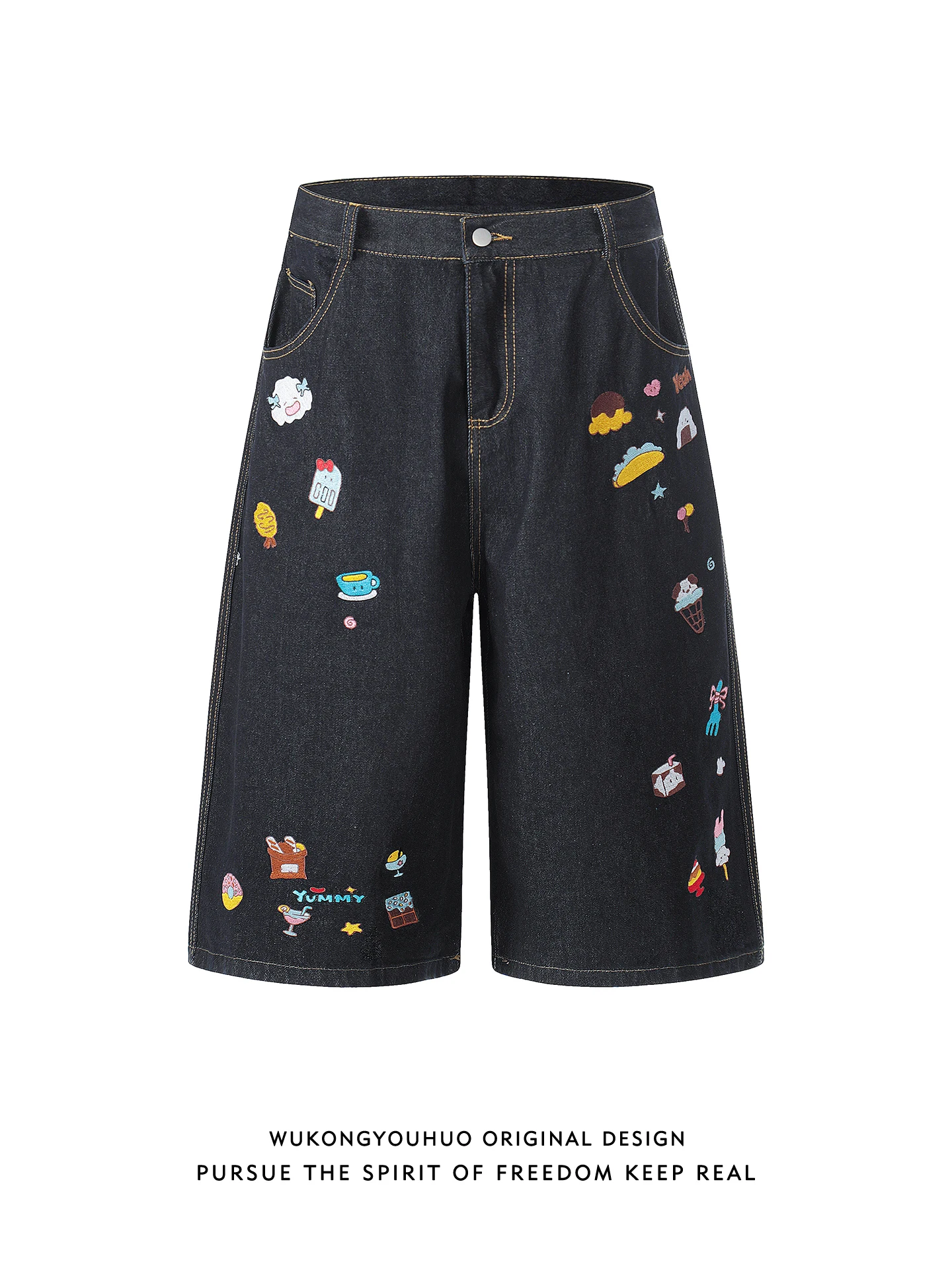 

Мужские летние джинсы Wukong с американской вышивкой, прямые, свободные, широкие, универсальные, укороченные (7/8)