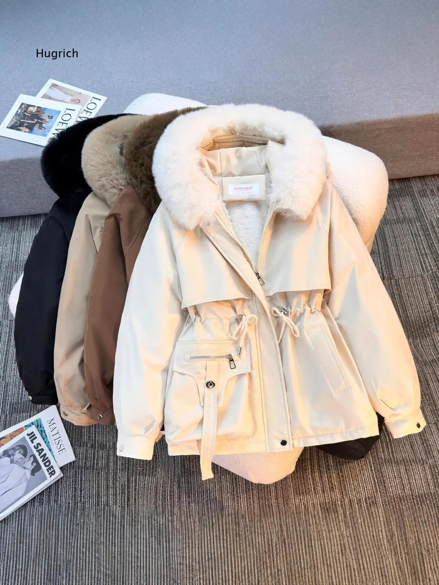 Women Parka Coat With Waist Cinched Hood And Large Fur Collar Fleece Lined Korean Style Warm Outerwear For Autumn And Winter Wea