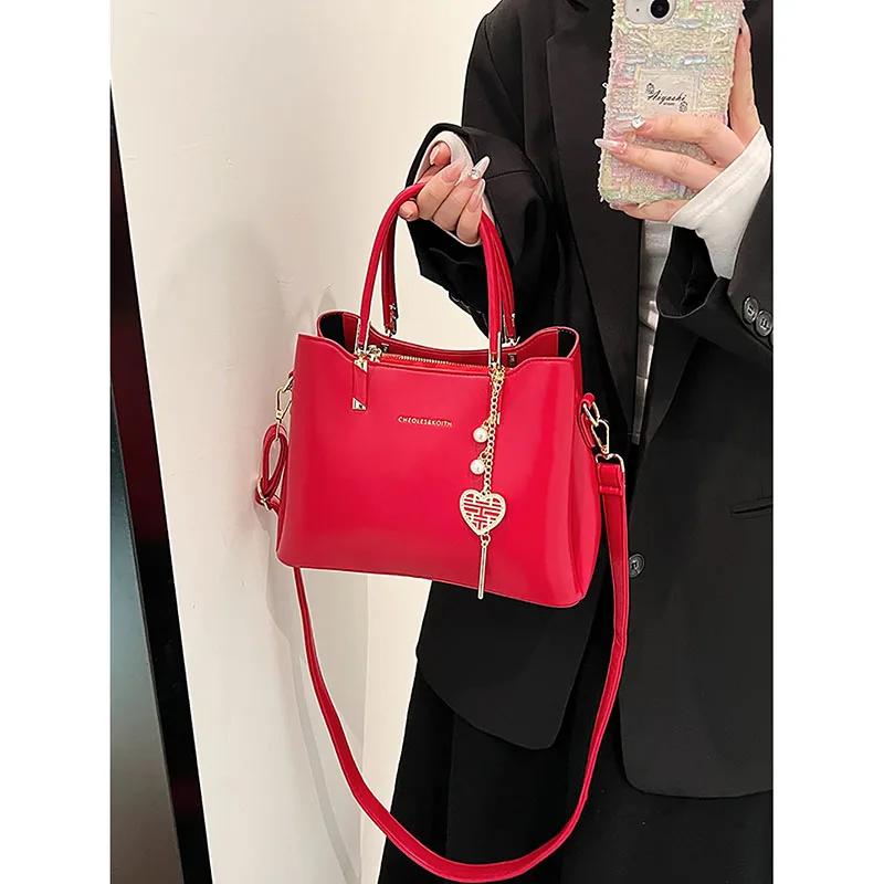 Korean Version Fashion Red Bridal Wedding Bag Handbag Women\'s 2024 New Luxury High Quality One Shoulder Crossbody Bag Square Bag