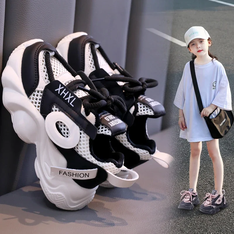 Girls' Single Network Sports Shoes 2024 New Children's Surface chunky sneakers Soft Sole Breathable Running Shoes size 27-37