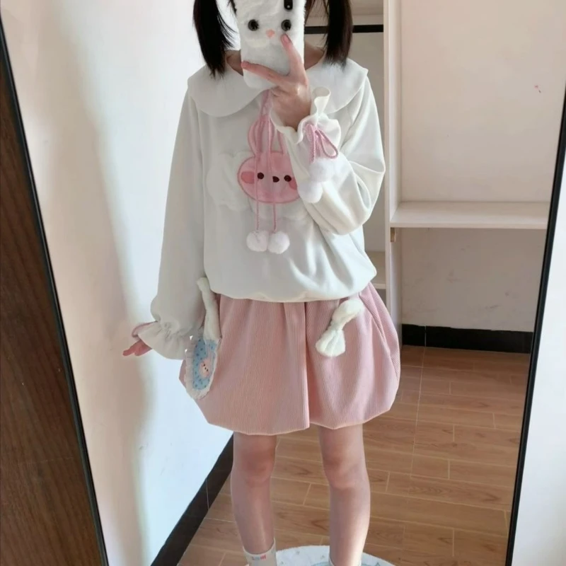 

Japanese Kawaii Lolita Style Skirt Sets Women Sweet Cute Peter Pan Collar Cartoon Bunny T-Shirt Bow Mini Skirt Harajuku Y2k Suit