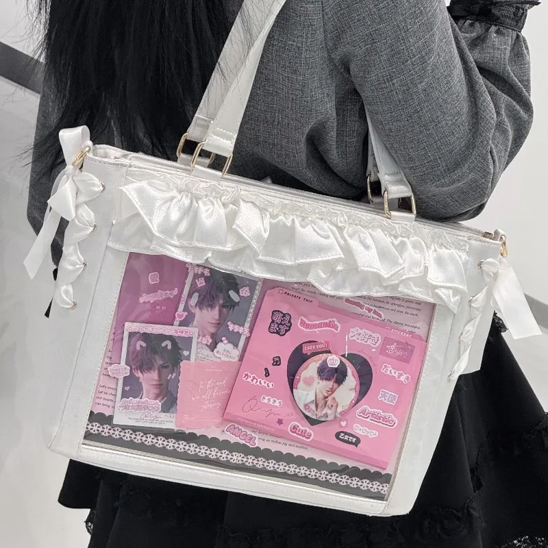 Japanese Original Sweet Cute Wave Satin Pain Bag Crossbody Shoulder Handbag Large Capacity Ribbon Bow Shopping Bags For Girls