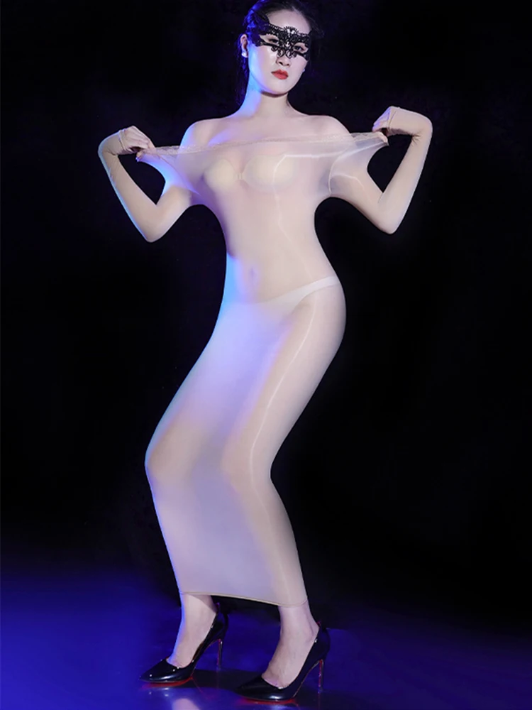 女性用ファイブグローブタイトペンシルドレス,透明,タイト,光沢,ロング,エラスティック,ヒップステップ,セクシー