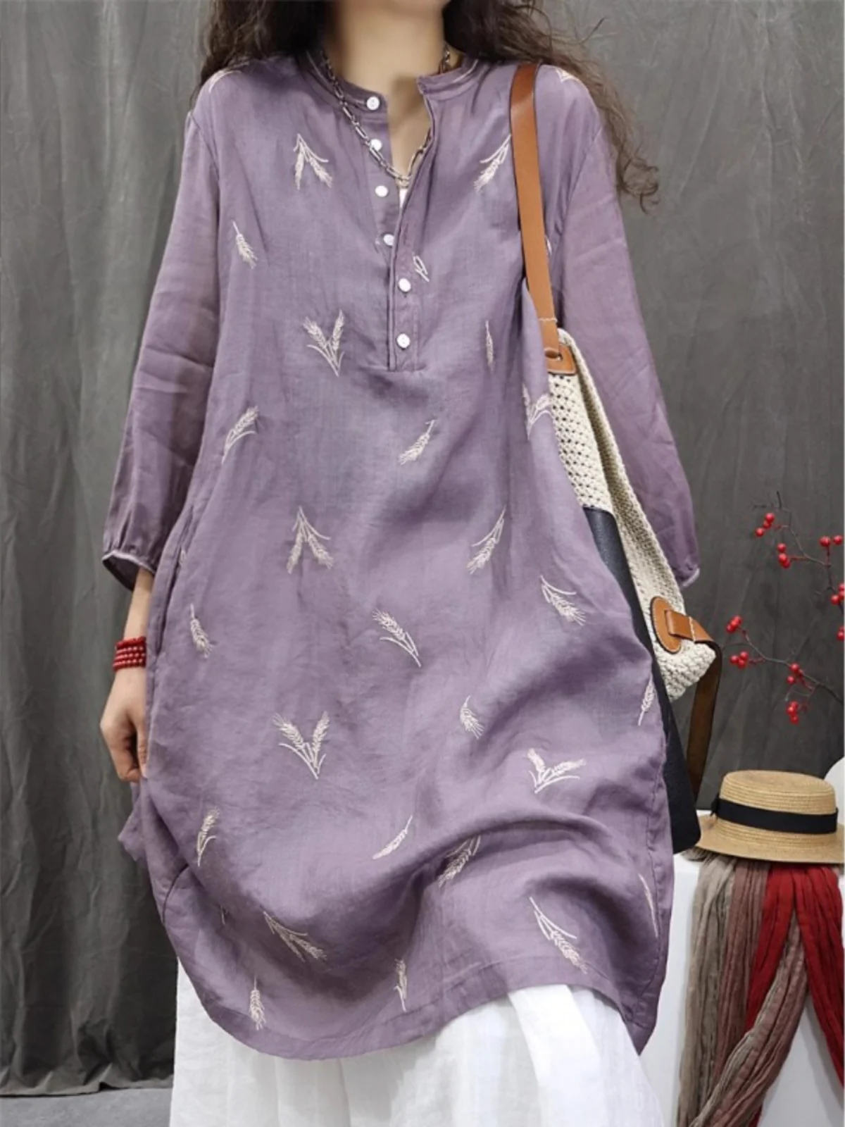 Ele blé oreille broderie léger respirant irt grande taille femme mi-longue boutonné col montant sept-saves Su...