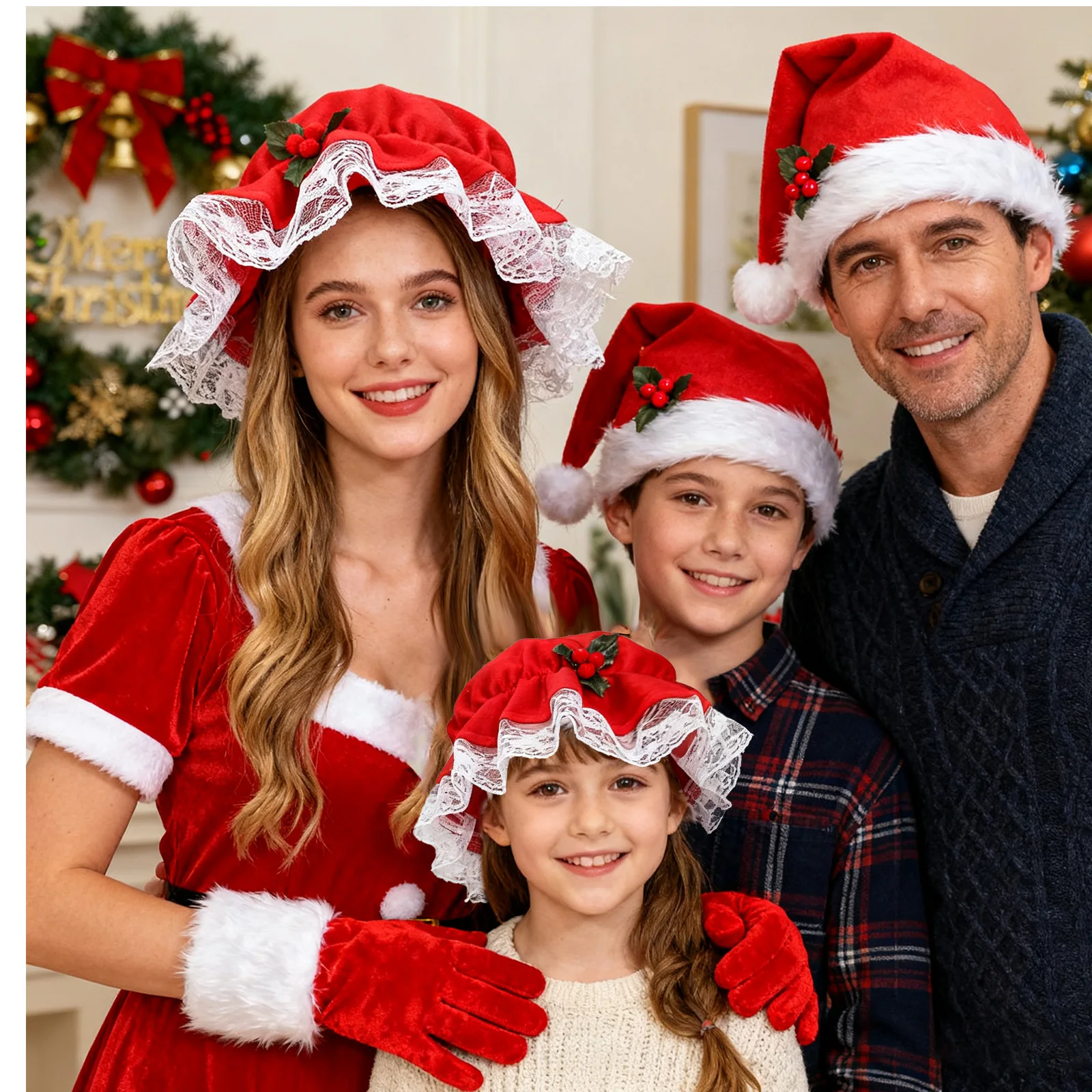 레이스 트림이 있는 미세스 클로스 의상 모자 크리스마스 산타 미세스 클로스 할머니 모브 캡과 장갑 코스프레 성인용 크리스마스 소품