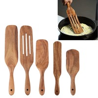 Wooden Cooking Tools Set 5PCS Teak Wood Non-Stick Heat Resistant Spatula Spoon Kitchen Tools for Cooking Serving and Stirring