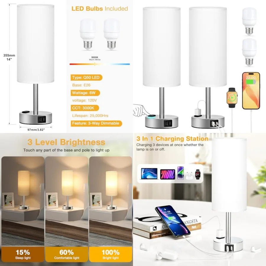 White Touch Nightstand Lamps Set - 3 Way Dimmable Bedside Table Lamp for Bedroom with USB Ports, Small Lamps with AC Outlet for