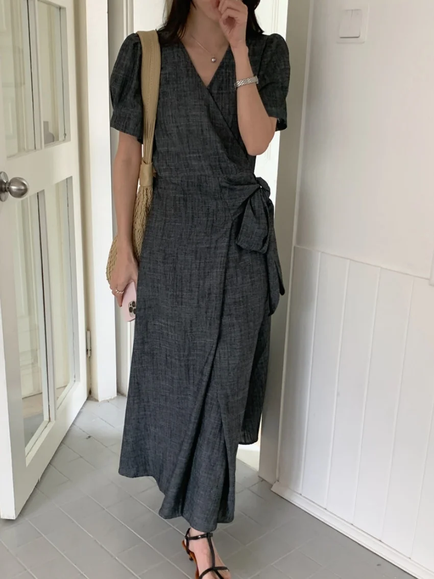 

Alien Kitty Vintage Elegant Long Dress Chic Women Puff Short Sleeve Summer 2025 Daily Cotton Linen Casual Slim Office Lady