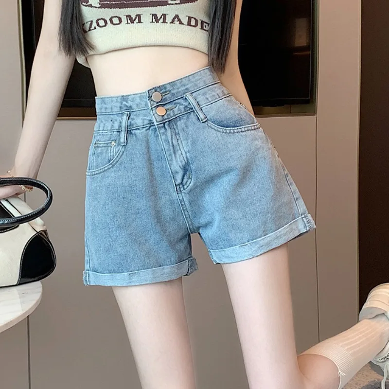 High Waist Denim Shorts Women's Double Buckle Casual A-Line Wide Leg Hot Pants Slimming Cuffed Summer Fashion Ladies Jeans