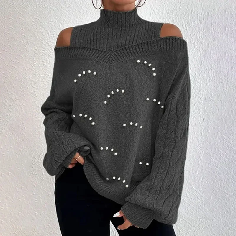 Fashion Knit Sweater Winter Women Pullover New Sexy Off Shoulder Loose Full Lantern Sleeve Mock Neck Nail Bead Sweater Outerwear