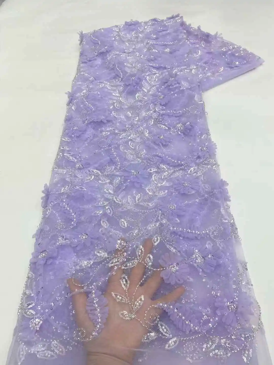 ไนจีเรีย 3D ทําด้วยมือลูกปัดผ้าลูกไม้ Tulle ผ้า 2025 แอฟริกัน Luxury Sequins และไข่มุกสุทธิลูกไม้ผ้าสําหรับงานแต่งงานชุดเจ้าสาว