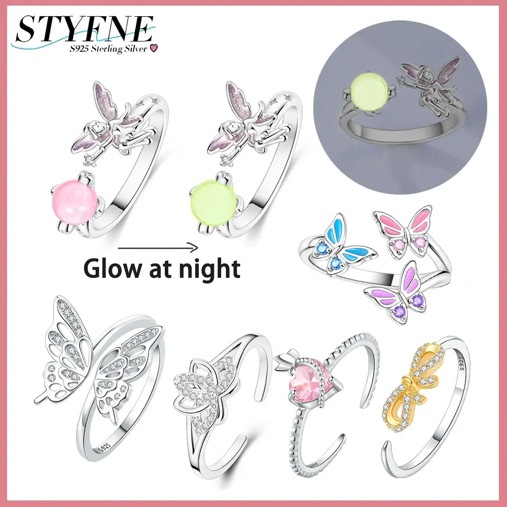 925 Sterling Silver Sparkling Tri-Color Butterfly Fairy Night Glow Beads Open Ring for Women Premium Fine Jewelry Gift